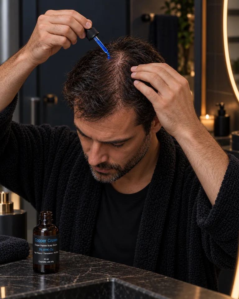 Applying Copper Crown serum directly to the scalp with the dropper